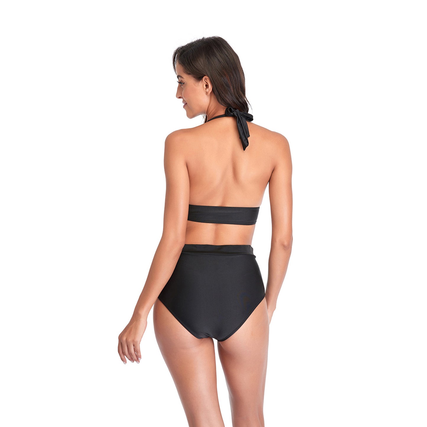 Solid Color V Neck Bowknot Hight Rise Split Bikini Swimsuit Set - Quaworth