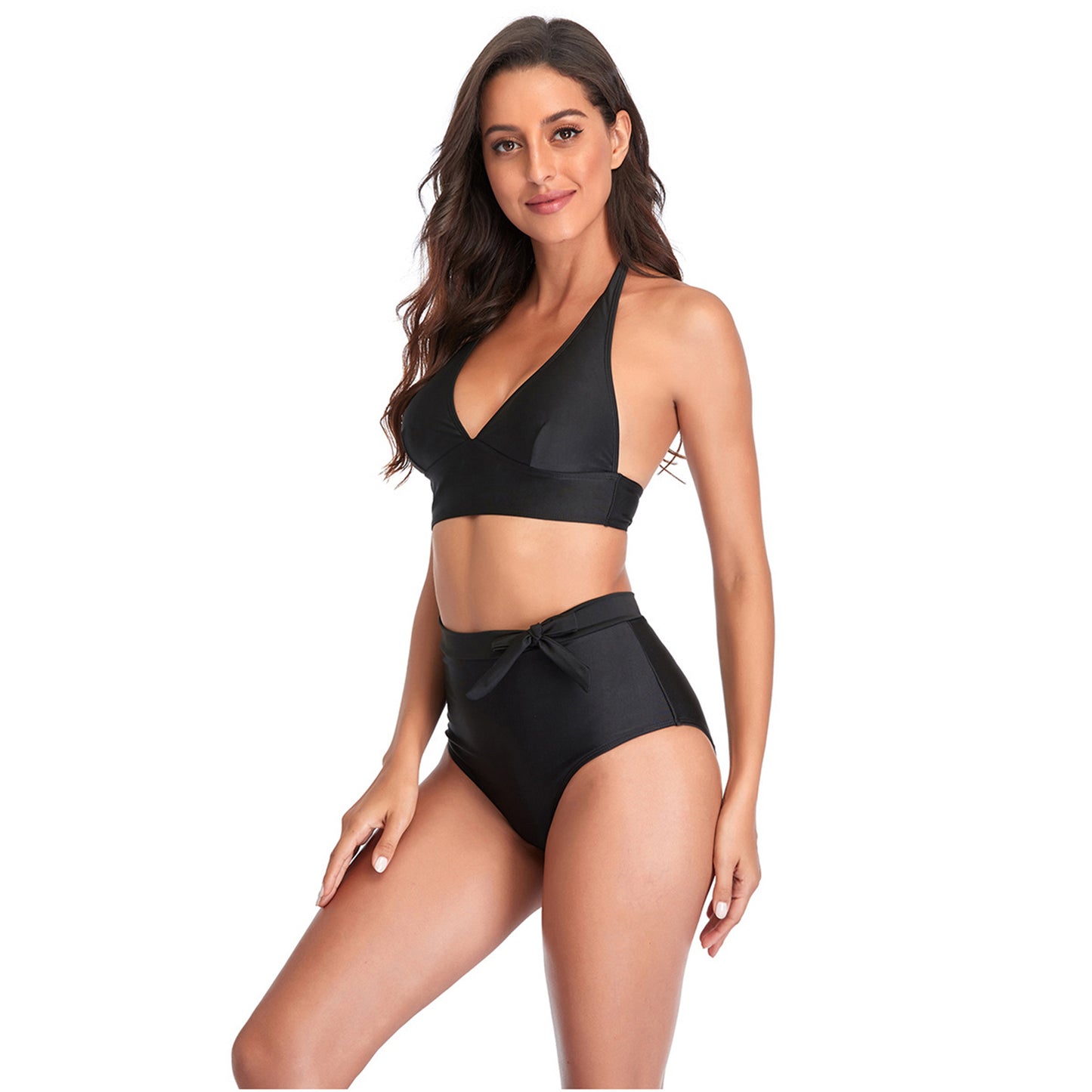 Solid Color V Neck Bowknot Hight Rise Split Bikini Swimsuit Set - Quaworth