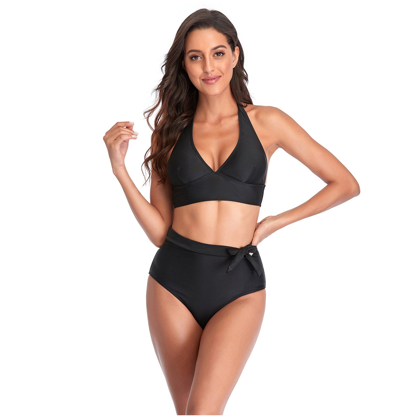 Solid Color V Neck Bowknot Hight Rise Split Bikini Swimsuit Set - Quaworth