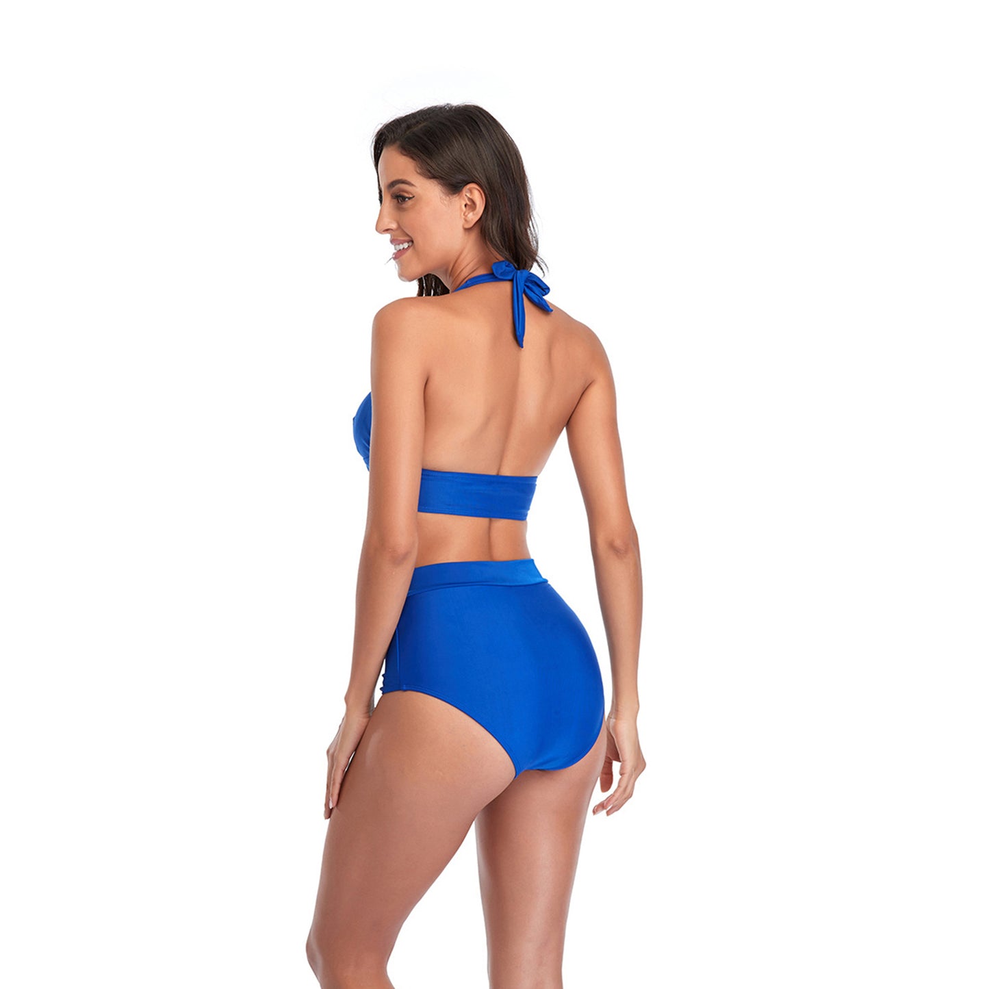 Solid Color V Neck Bowknot Hight Rise Split Bikini Swimsuit Set - Quaworth