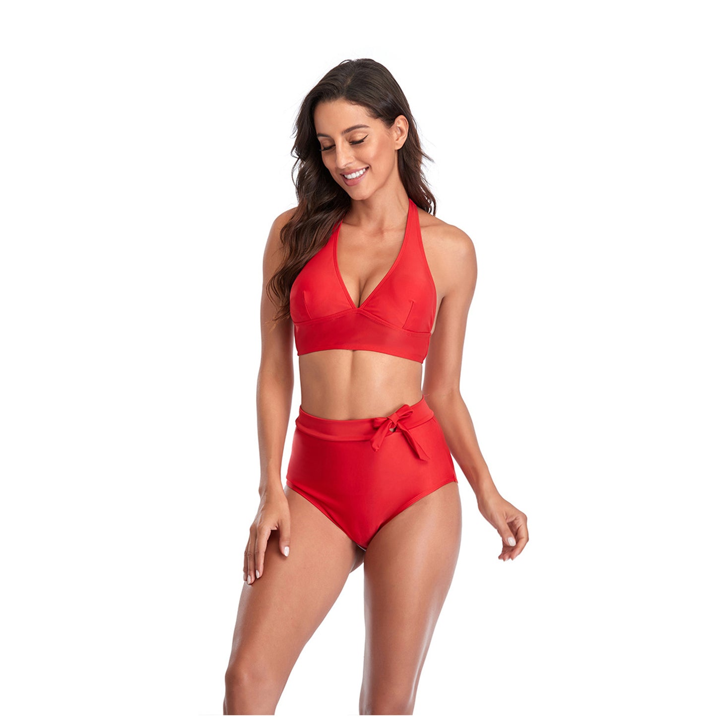Solid Color V Neck Bowknot Hight Rise Split Bikini Swimsuit Set - Quaworth