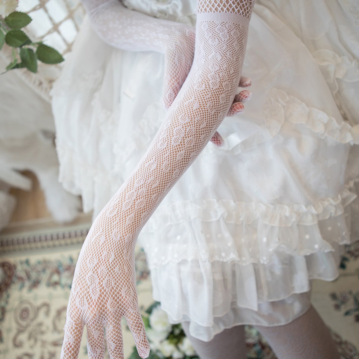 Fishnet Mesh Floral Jacquard Over Elbow Gloves - Quaworth
