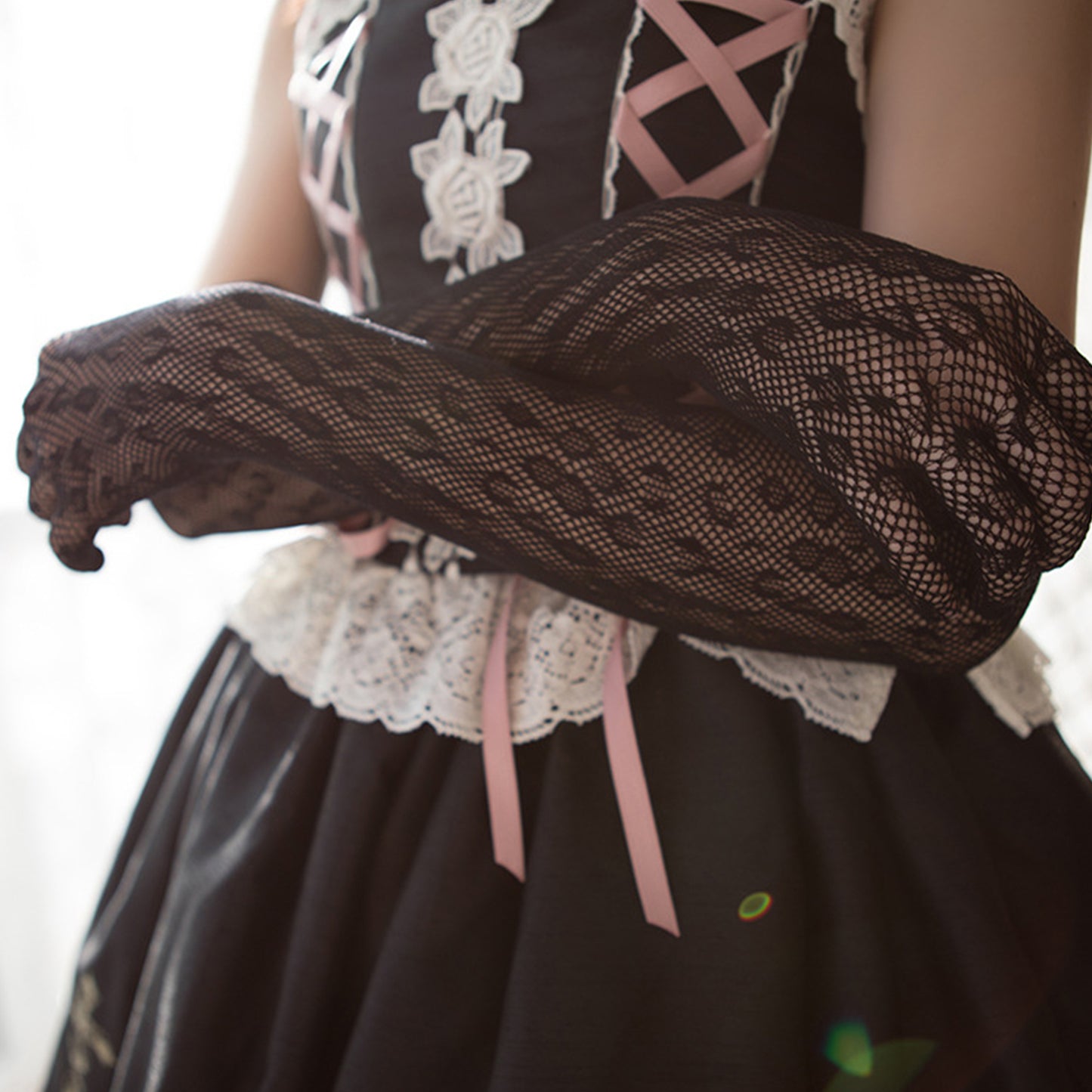 Fishnet Mesh Floral Jacquard Over Elbow Gloves - Quaworth