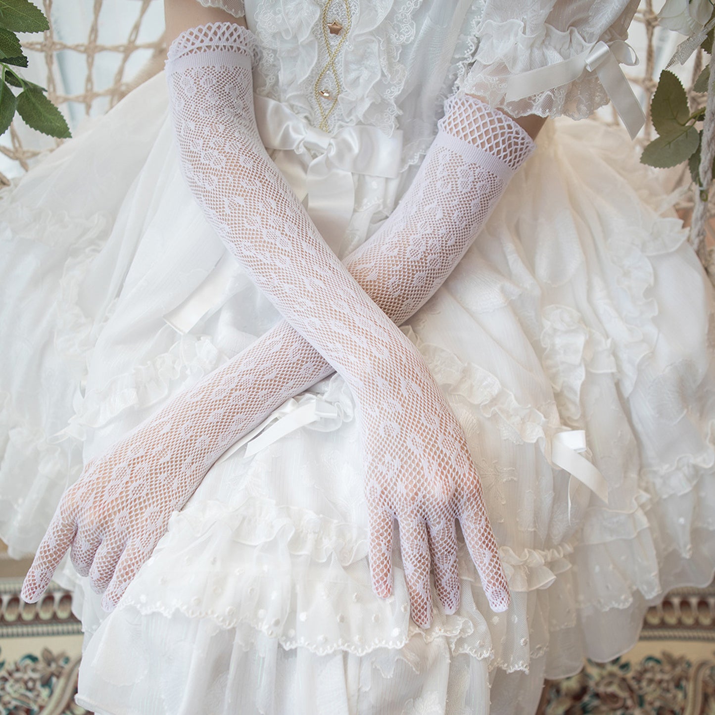 Fishnet Mesh Floral Jacquard Over Elbow Gloves - Quaworth