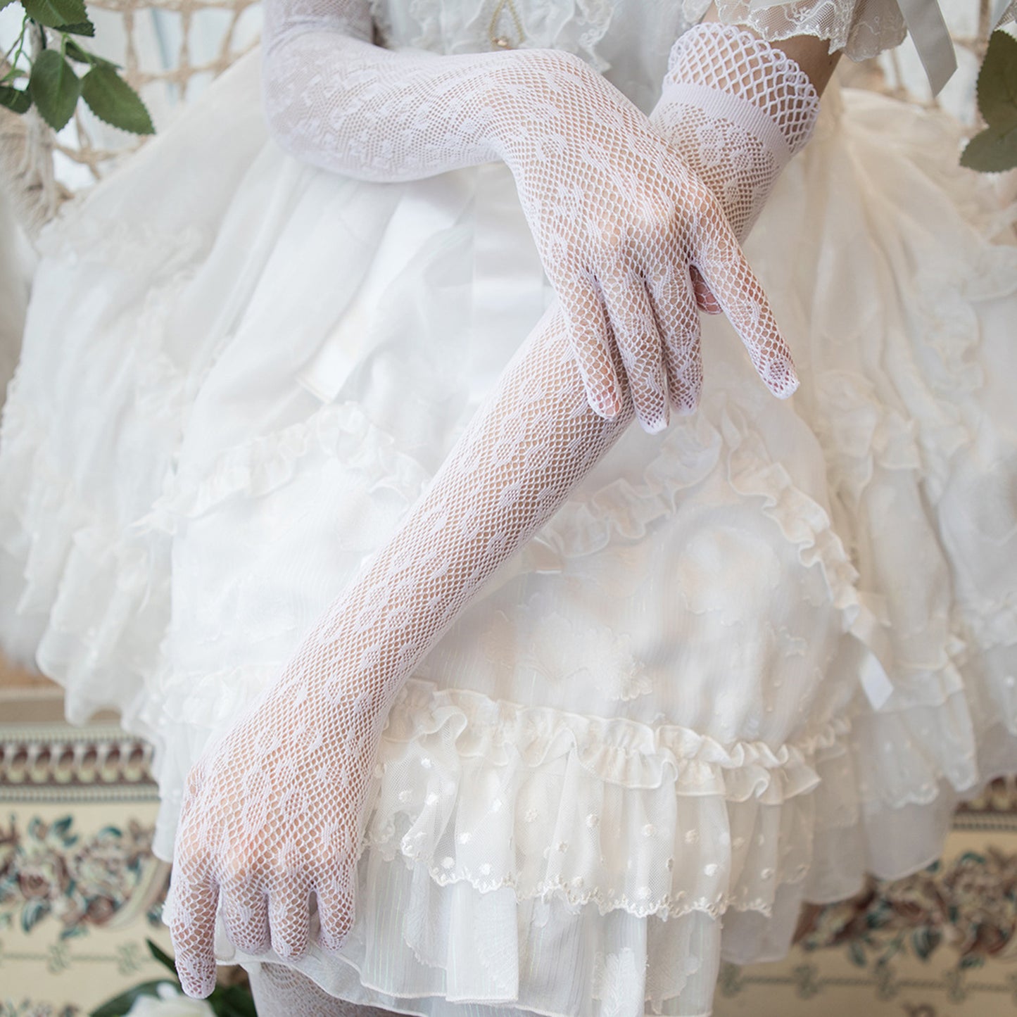 Fishnet Mesh Floral Jacquard Over Elbow Gloves - Quaworth