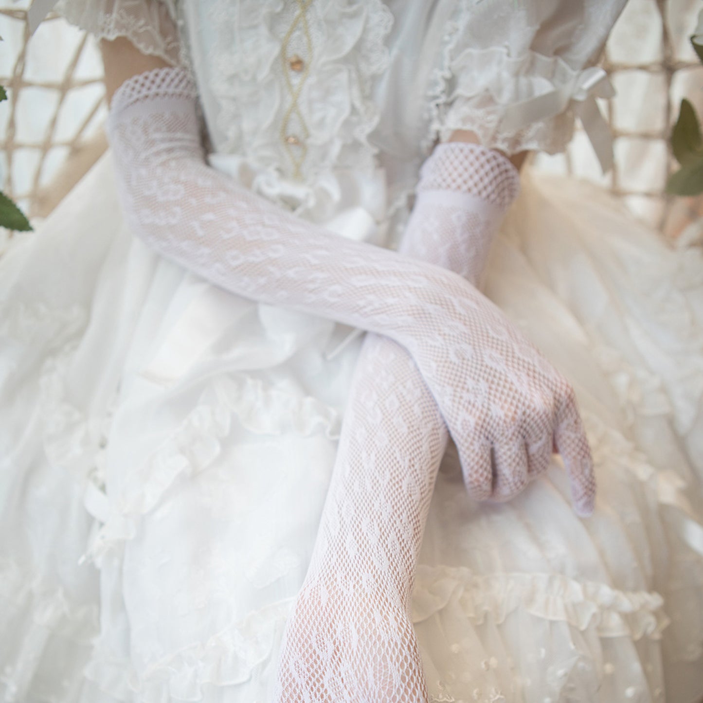 Fishnet Mesh Floral Jacquard Over Elbow Gloves - Quaworth