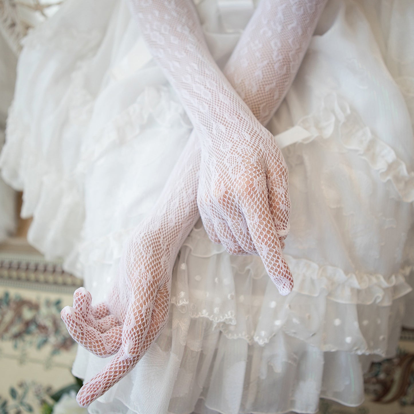 Fishnet Mesh Floral Jacquard Over Elbow Gloves - Quaworth