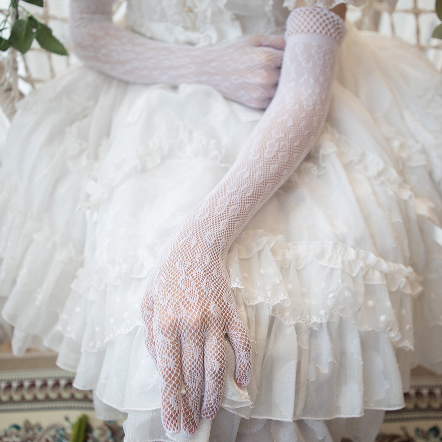 Fishnet Mesh Floral Jacquard Over Elbow Gloves - Quaworth