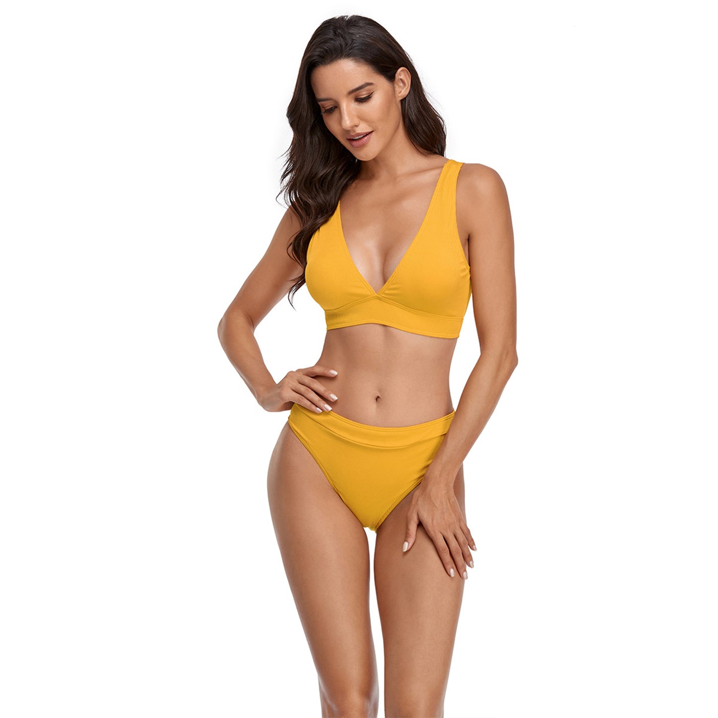 Solid Color V Neck Triangle Split Bikini Swimsuit Set - Quaworth