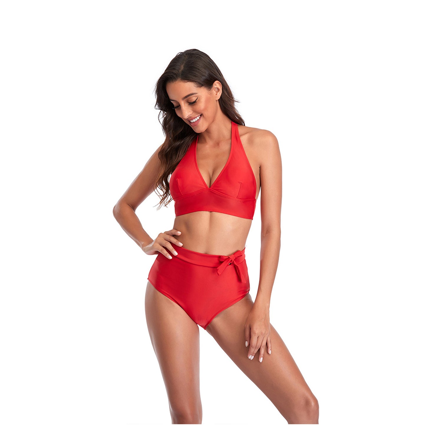 Solid Color V Neck Bowknot Hight Rise Split Bikini Swimsuit Set - Quaworth