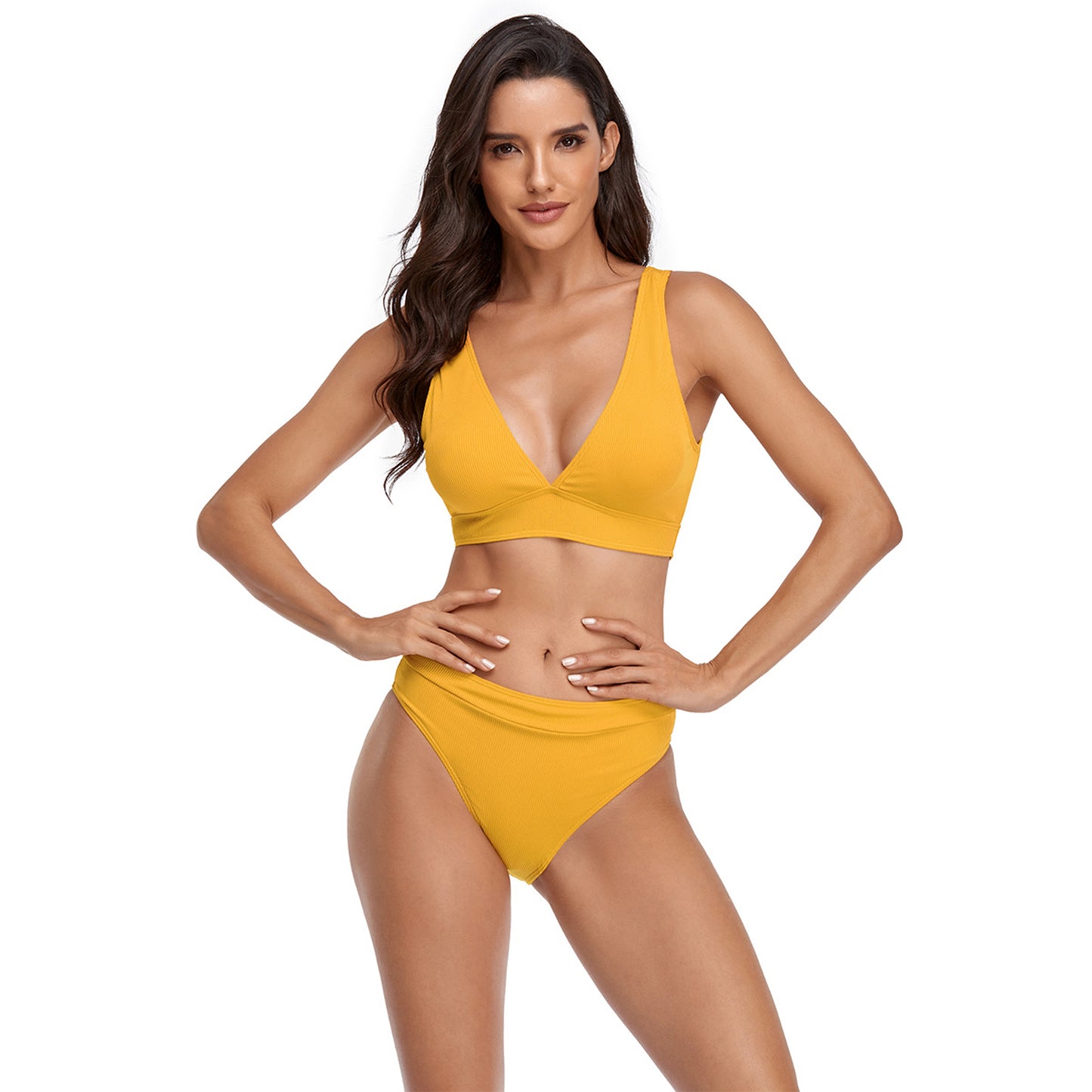 Solid Color V Neck Triangle Split Bikini Swimsuit Set - Quaworth