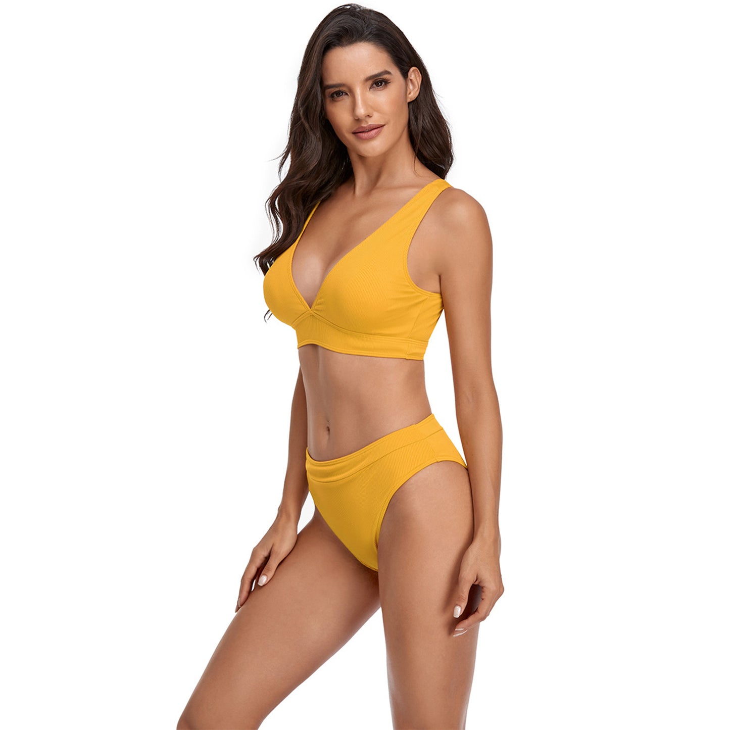 Solid Color V Neck Triangle Split Bikini Swimsuit Set - Quaworth