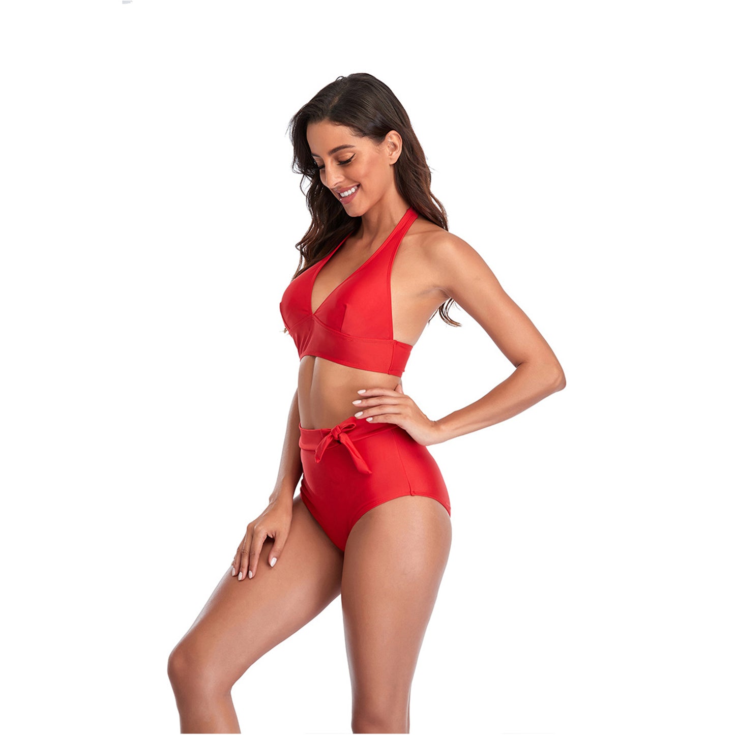 Solid Color V Neck Bowknot Hight Rise Split Bikini Swimsuit Set - Quaworth