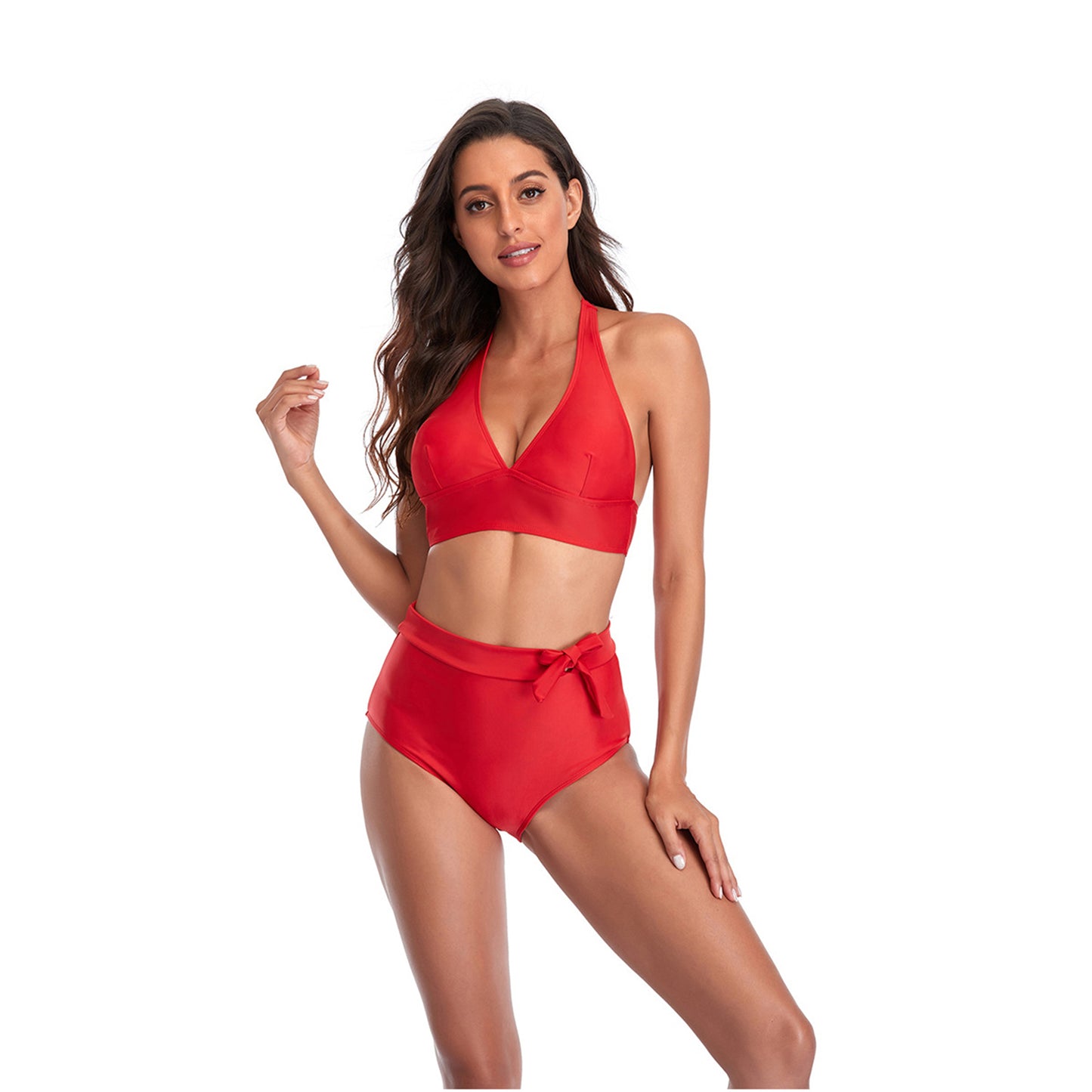 Solid Color V Neck Bowknot Hight Rise Split Bikini Swimsuit Set - Quaworth