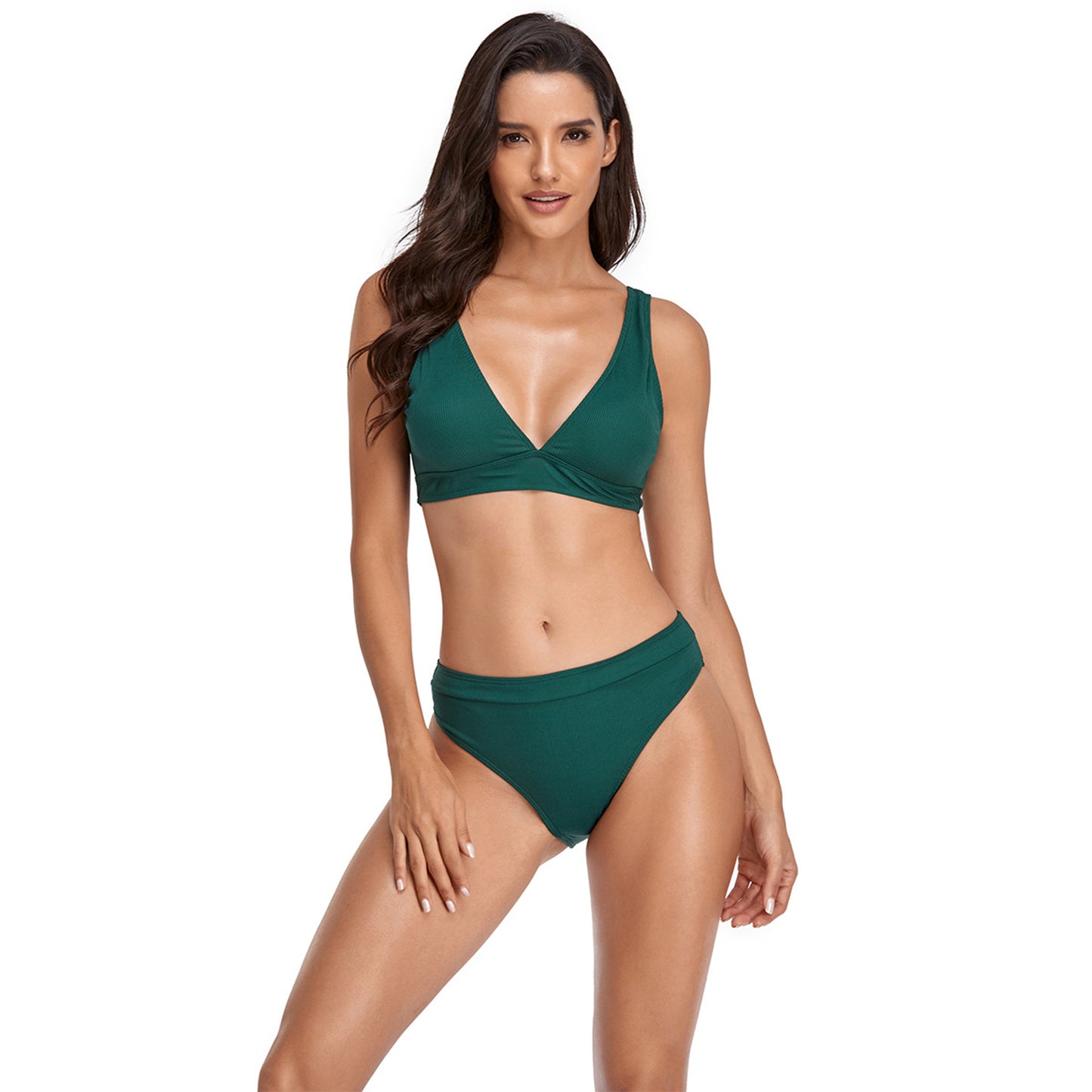 Solid Color V Neck Triangle Split Bikini Swimsuit Set - Quaworth