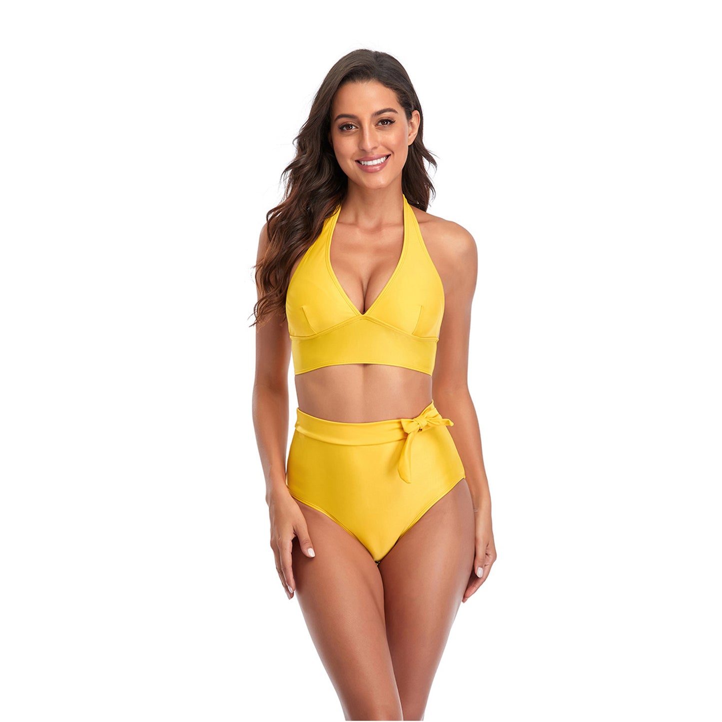 Solid Color V Neck Bowknot Hight Rise Split Bikini Swimsuit Set - Quaworth