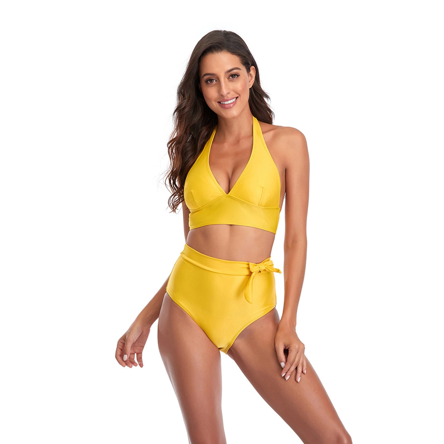 Solid Color V Neck Bowknot Hight Rise Split Bikini Swimsuit Set - Quaworth