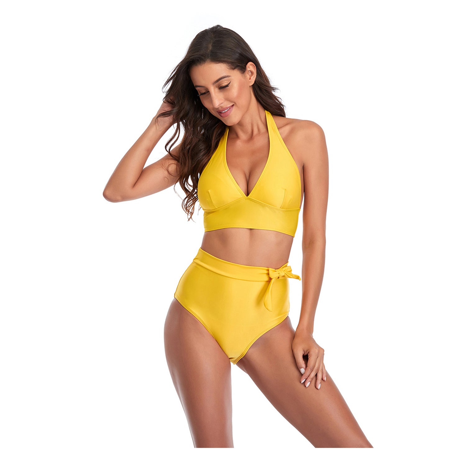 Solid Color V Neck Bowknot Hight Rise Split Bikini Swimsuit Set - Quaworth