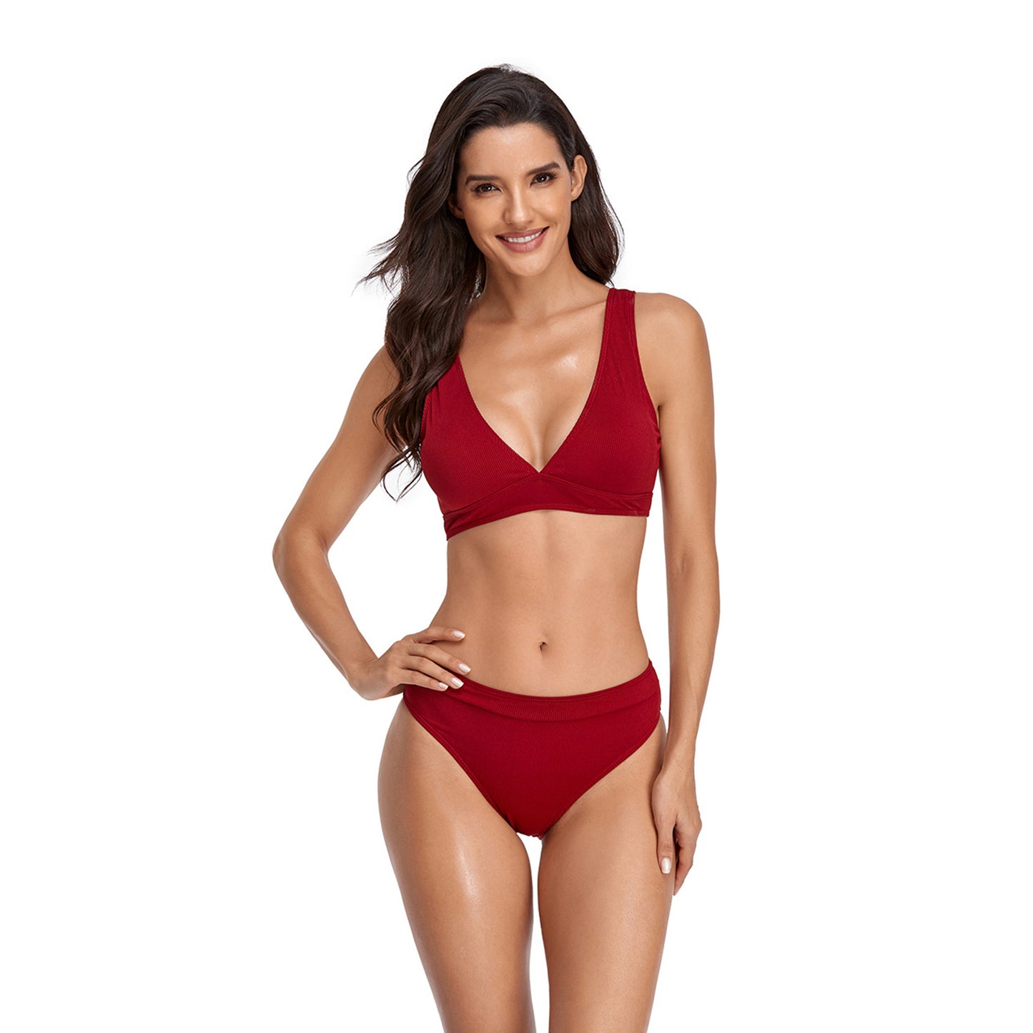 Solid Color V Neck Triangle Split Bikini Swimsuit Set - Quaworth