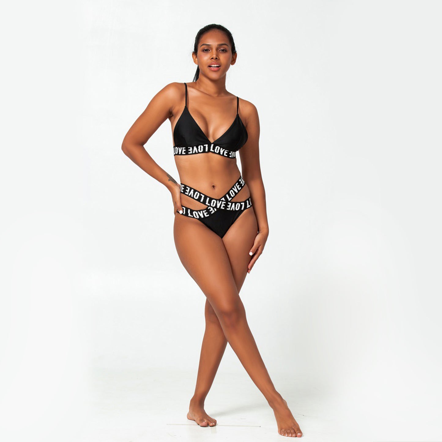 Solid Color Love Band Crisscross Two Piece Bikini Swimsuit Set - Quaworth