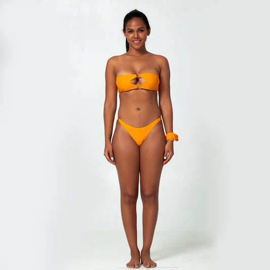 Solid Color Ring Link Hollow Top Bikini Swimsuit Set - Quaworth