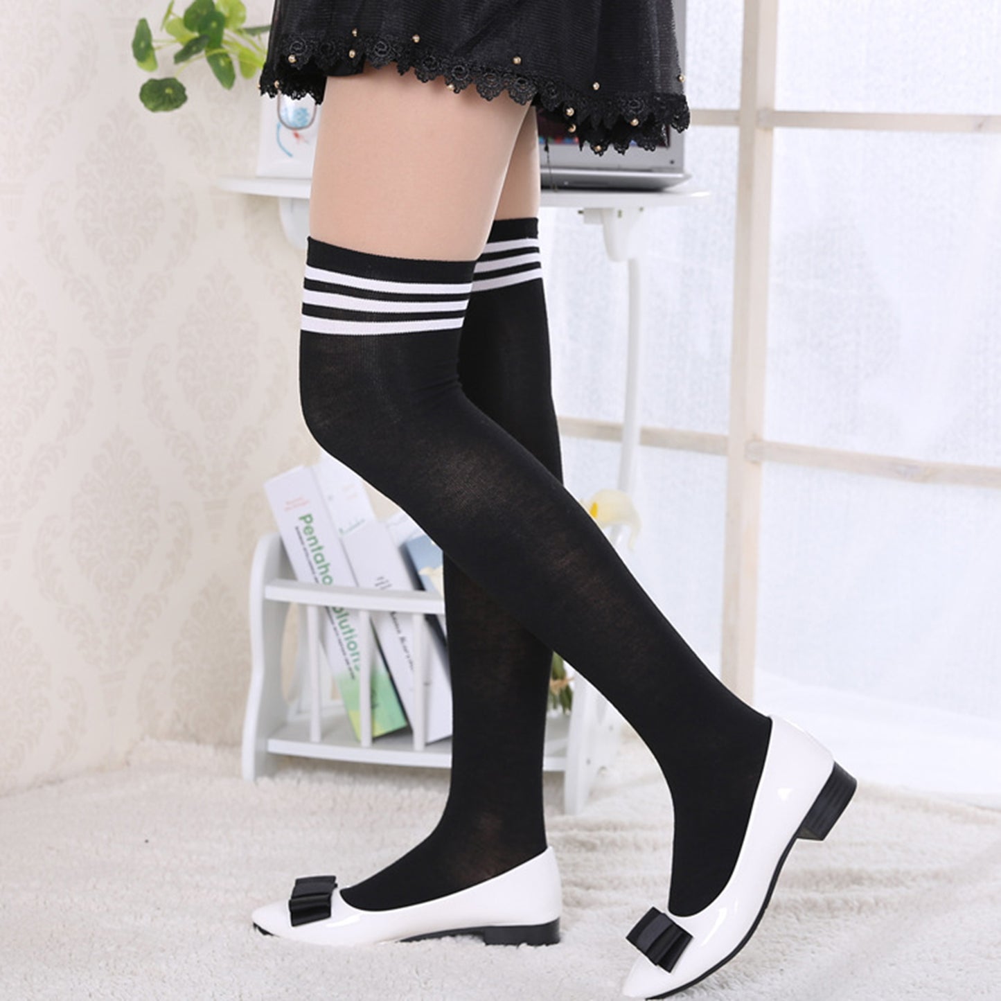 Three Bar Thigh High Socks - Quaworth