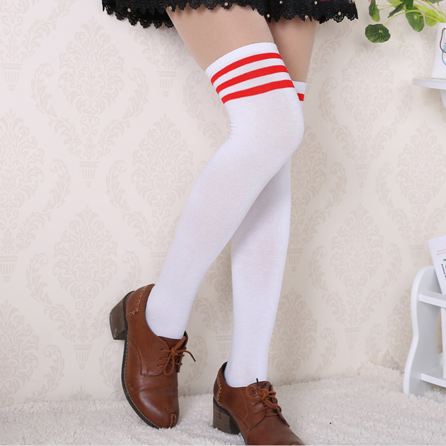 Three Bar Thigh High Socks - Quaworth