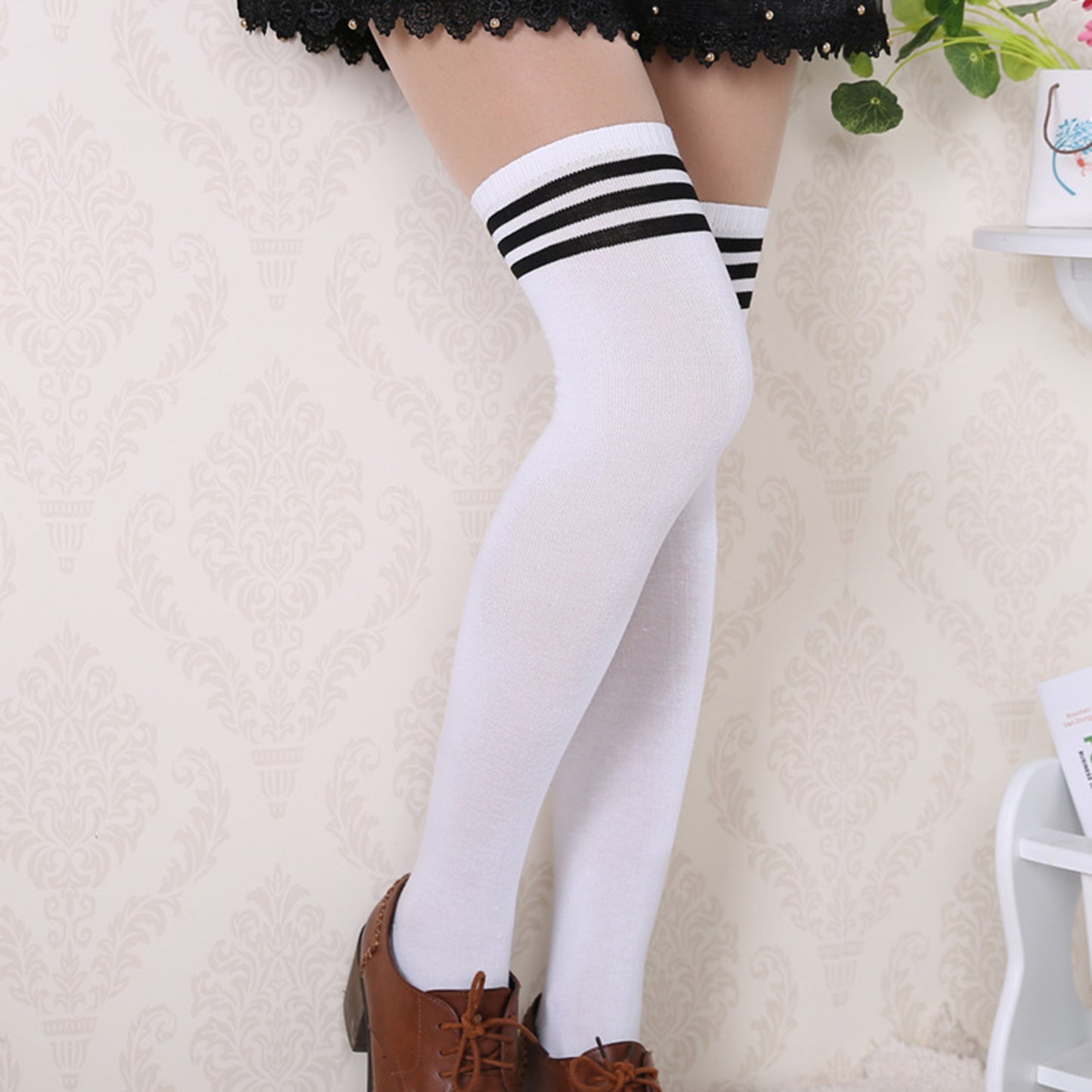Three Bar Thigh High Socks - Quaworth