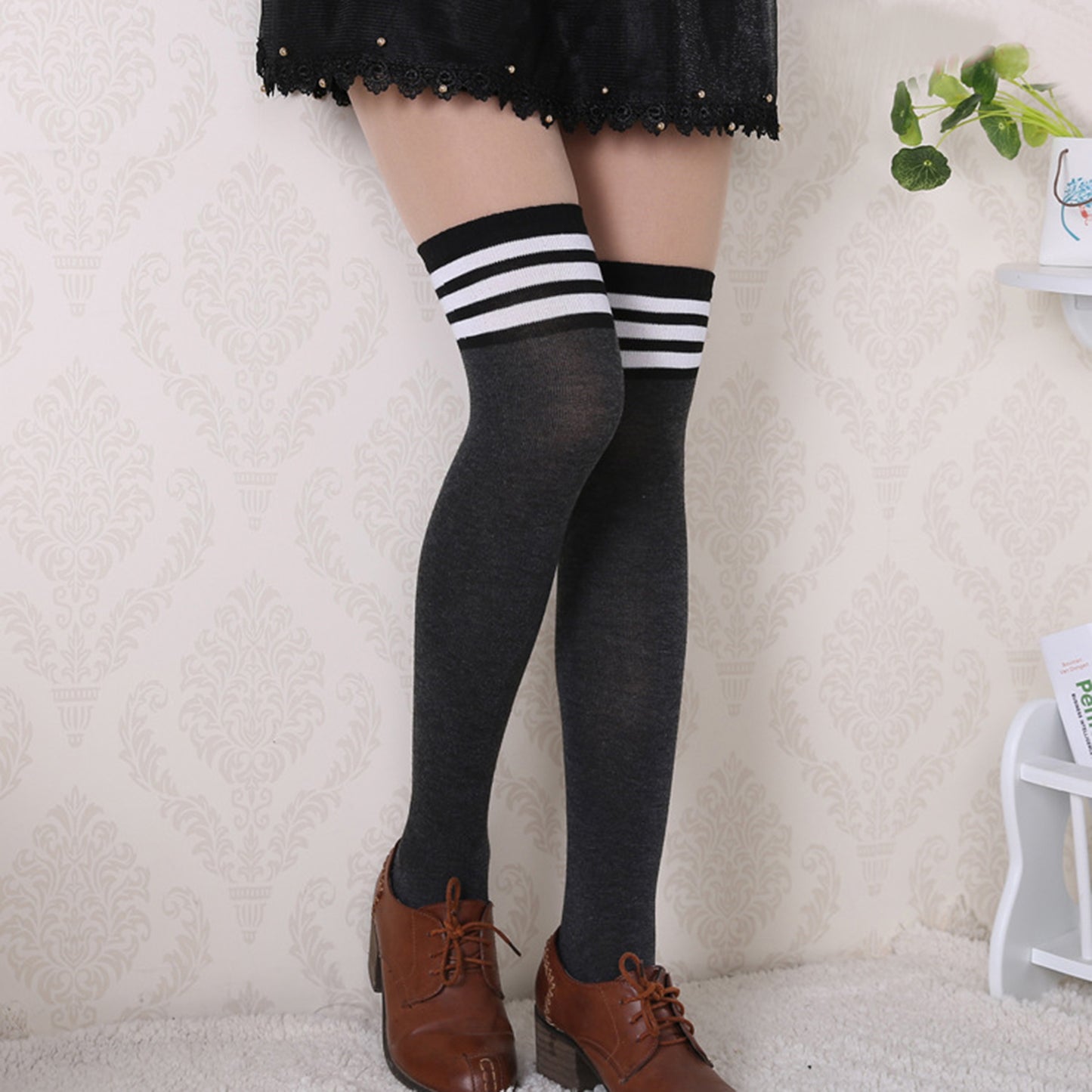 Three Bar Thigh High Socks - Quaworth