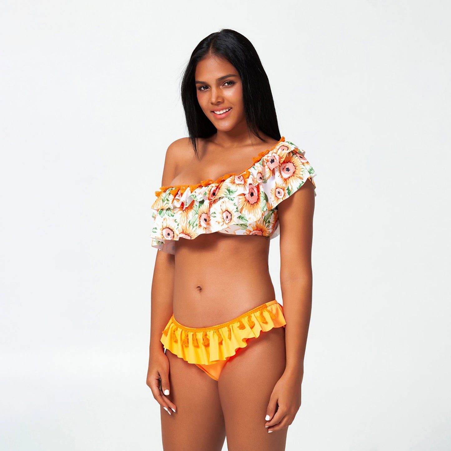 Sunflower Print Ruffle Bikini Swimsuit Set - Quaworth