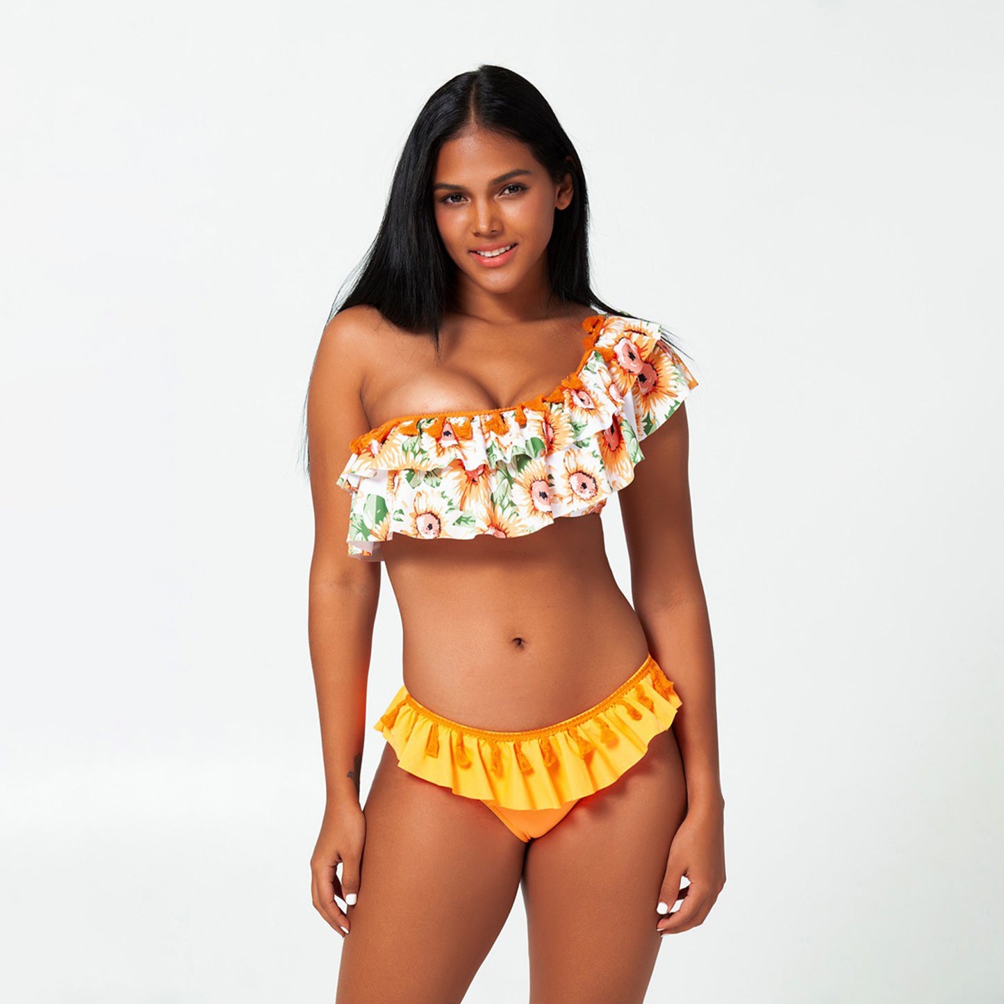 Sunflower Print Ruffle Bikini Swimsuit Set - Quaworth