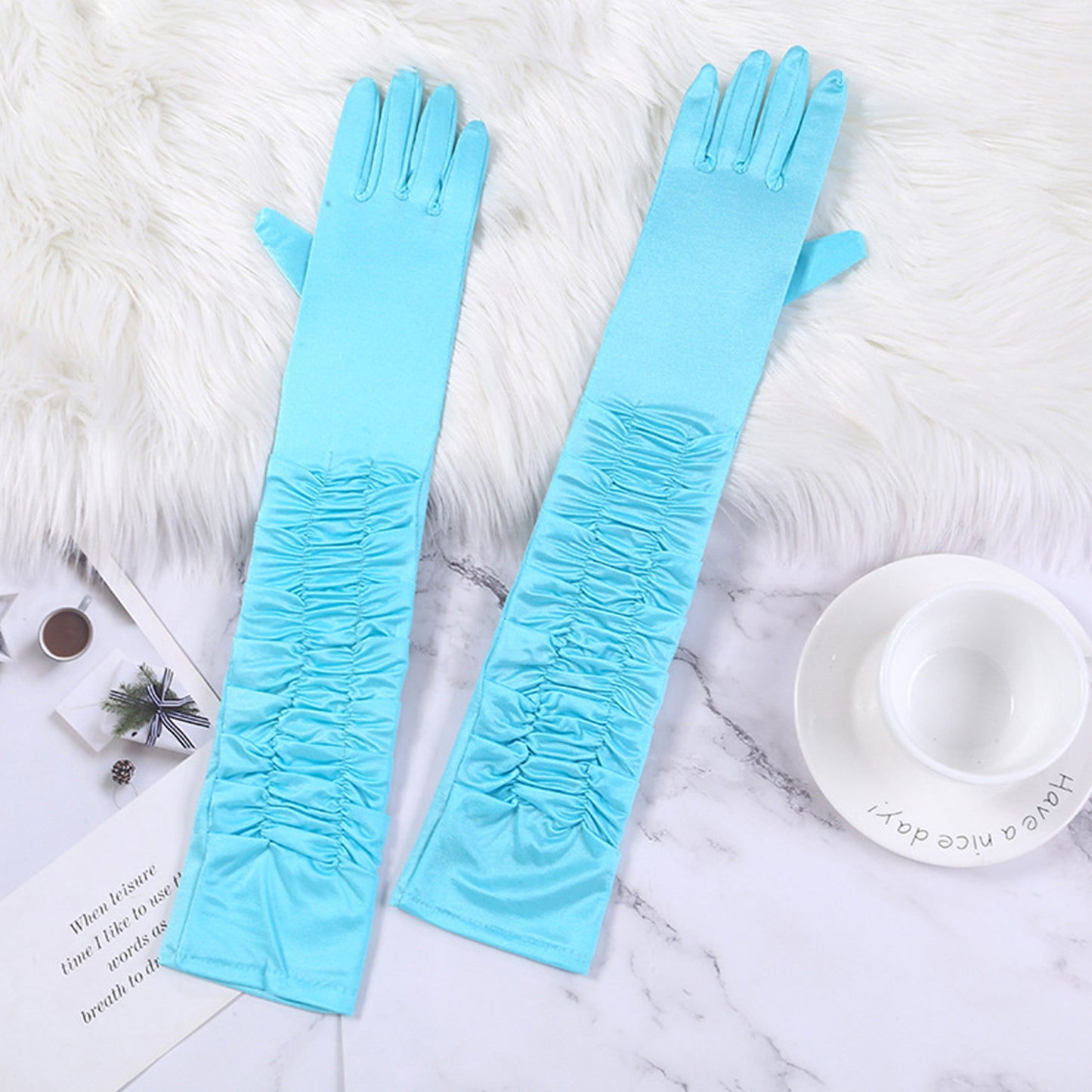 Satin Solid Color Folds Elbow Gloves - Quaworth