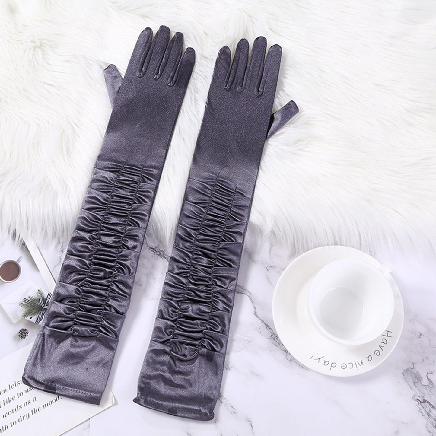Satin Solid Color Folds Elbow Gloves - Quaworth
