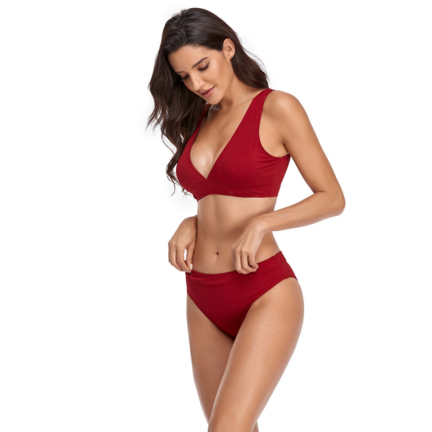 Solid Color V Neck Triangle Split Bikini Swimsuit Set - Quaworth