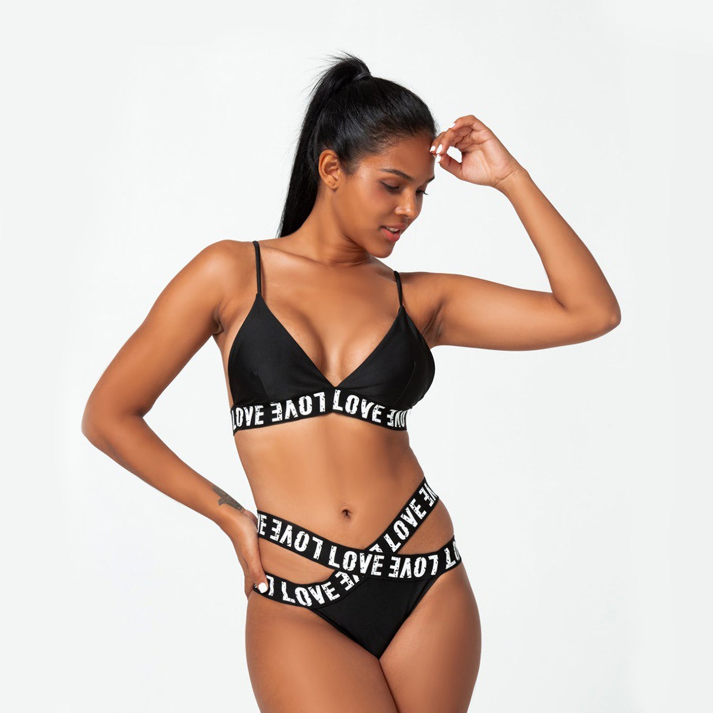 Solid Color Love Band Crisscross Two Piece Bikini Swimsuit Set - Quaworth