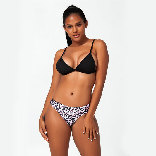 Solid Color Top Leopard Print Brief Two Piece Bikini Swimsuit Set - Quaworth