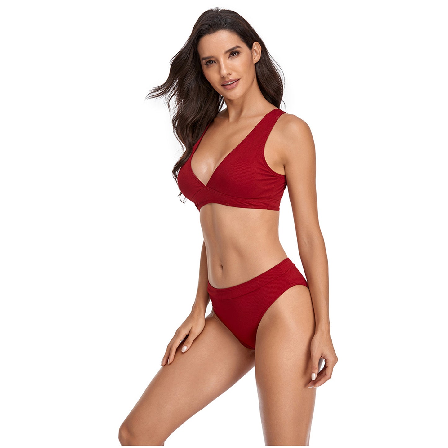 Solid Color V Neck Triangle Split Bikini Swimsuit Set - Quaworth