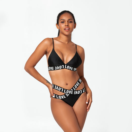 Solid Color Love Band Crisscross Two Piece Bikini Swimsuit Set - Quaworth