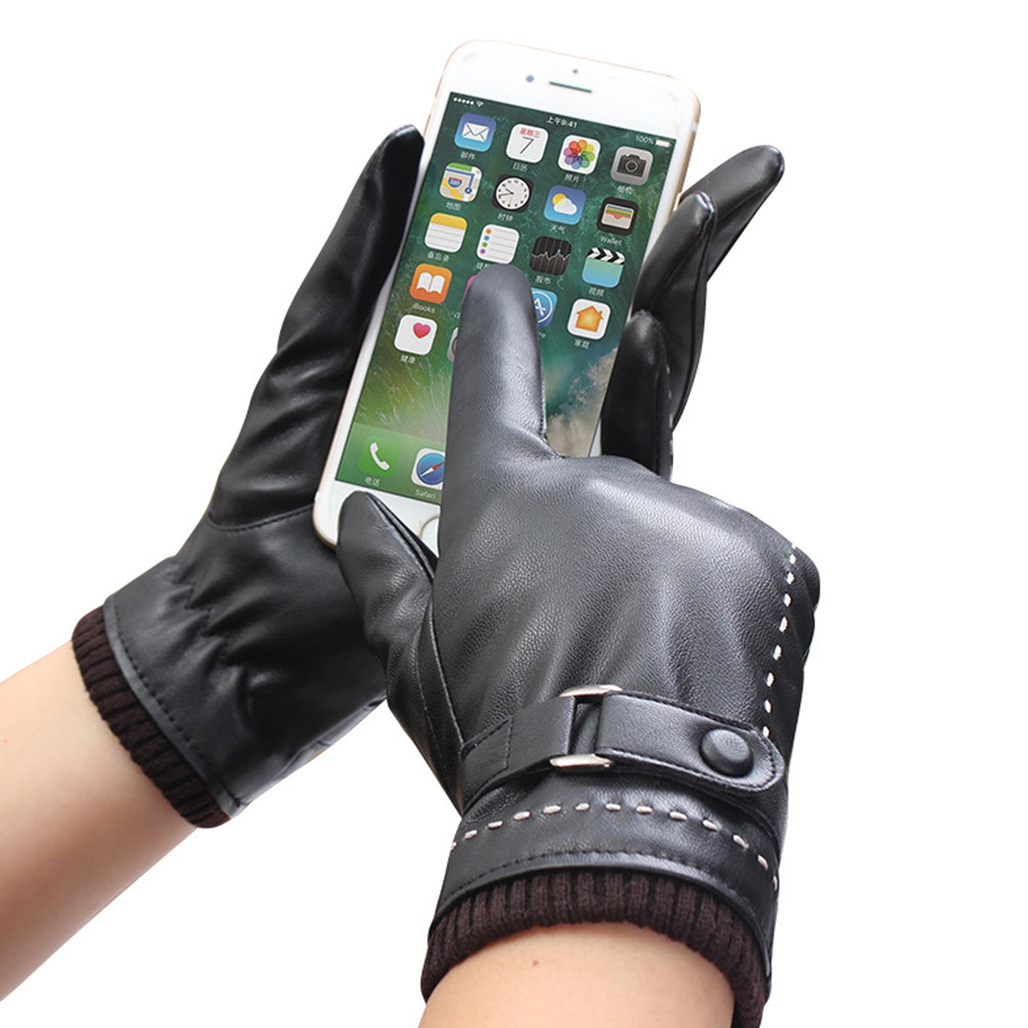White Seam Detail Button Thermal Vegan Leather Touch Screen Wrist Gloves - Quaworth