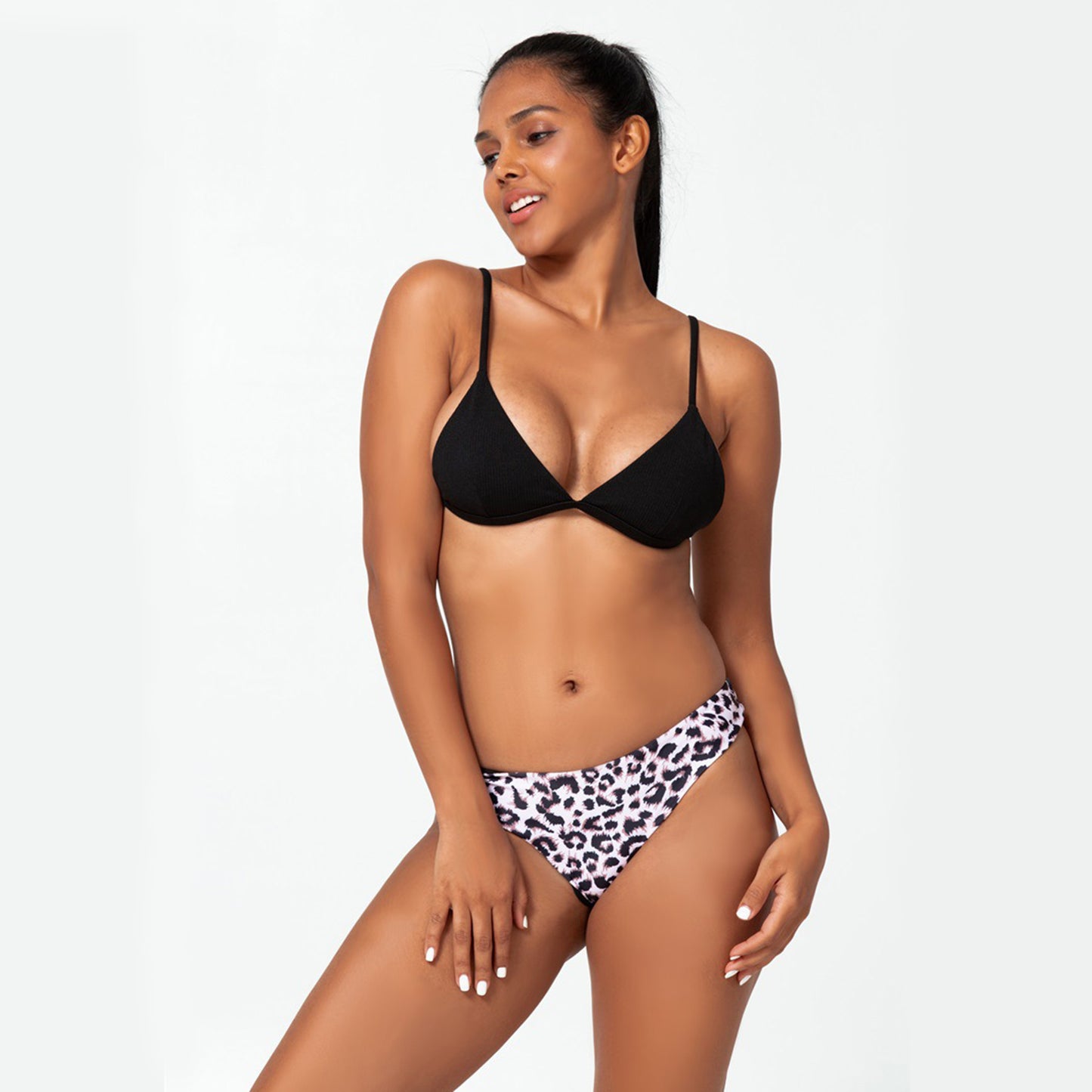Solid Color Top Leopard Print Brief Two Piece Bikini Swimsuit Set - Quaworth