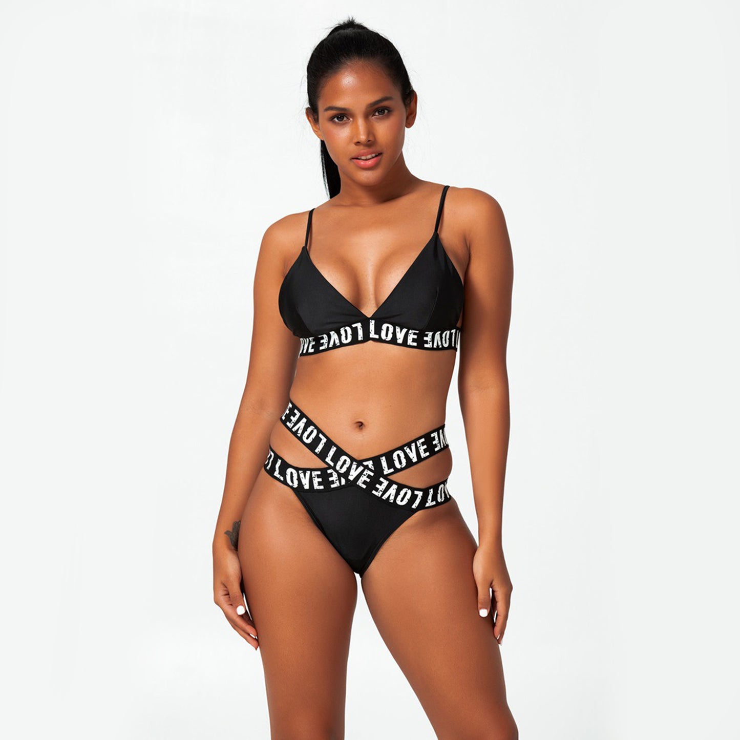 Solid Color Love Band Crisscross Two Piece Bikini Swimsuit Set - Quaworth
