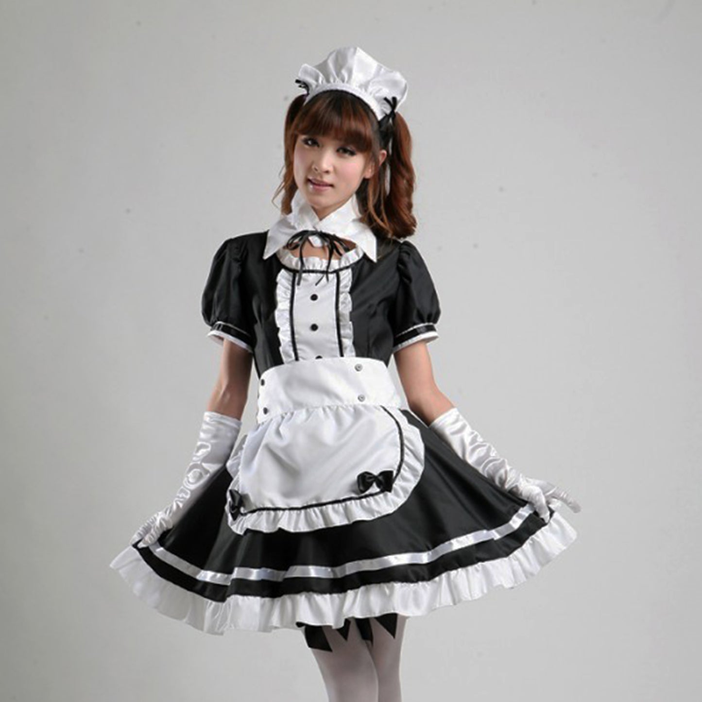Puff Sleeve Button Bow Apron Maid Dress - Quaworth