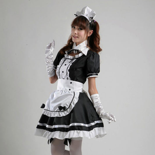 Puff Sleeve Button Bow Apron Maid Dress - Quaworth