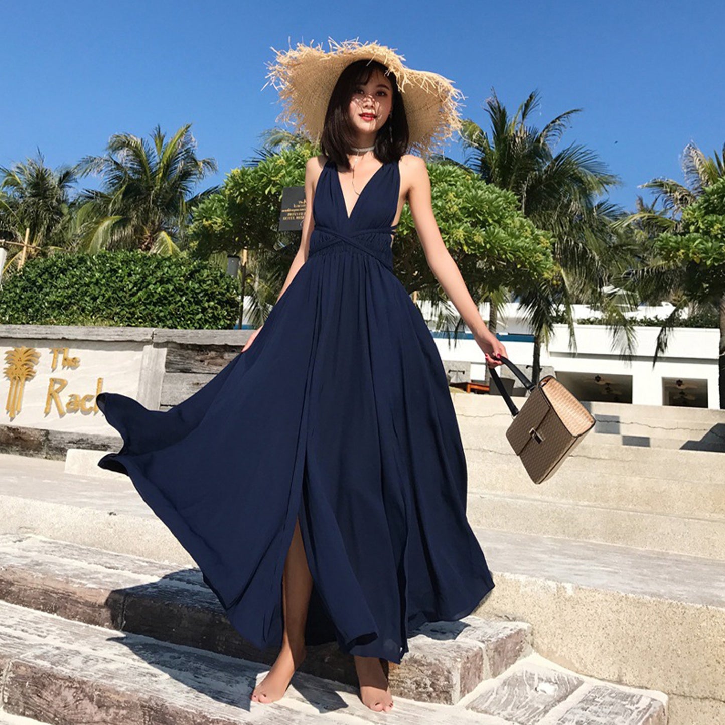 Solid Color V Neck Cross Back Bohemia Beach Maxi Dress - Quaworth
