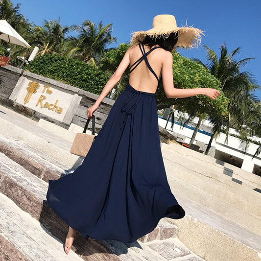Solid Color V Neck Cross Back Bohemia Beach Maxi Dress - Quaworth