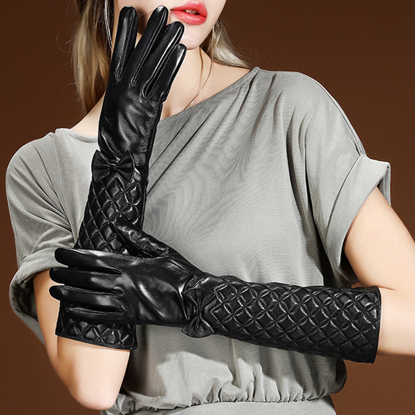 Grid Bowknot Thermal Leather Fleece Lined Touch Screen Elbow Gloves - Quaworth