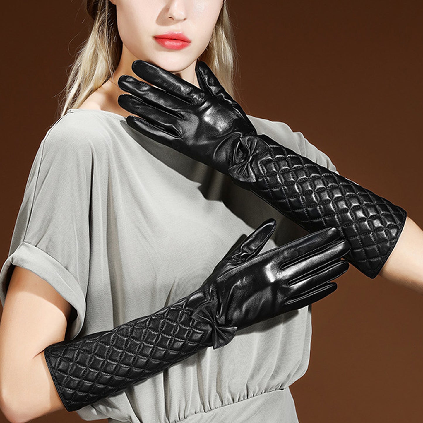 Grid Bowknot Thermal Leather Fleece Lined Touch Screen Elbow Gloves - Quaworth
