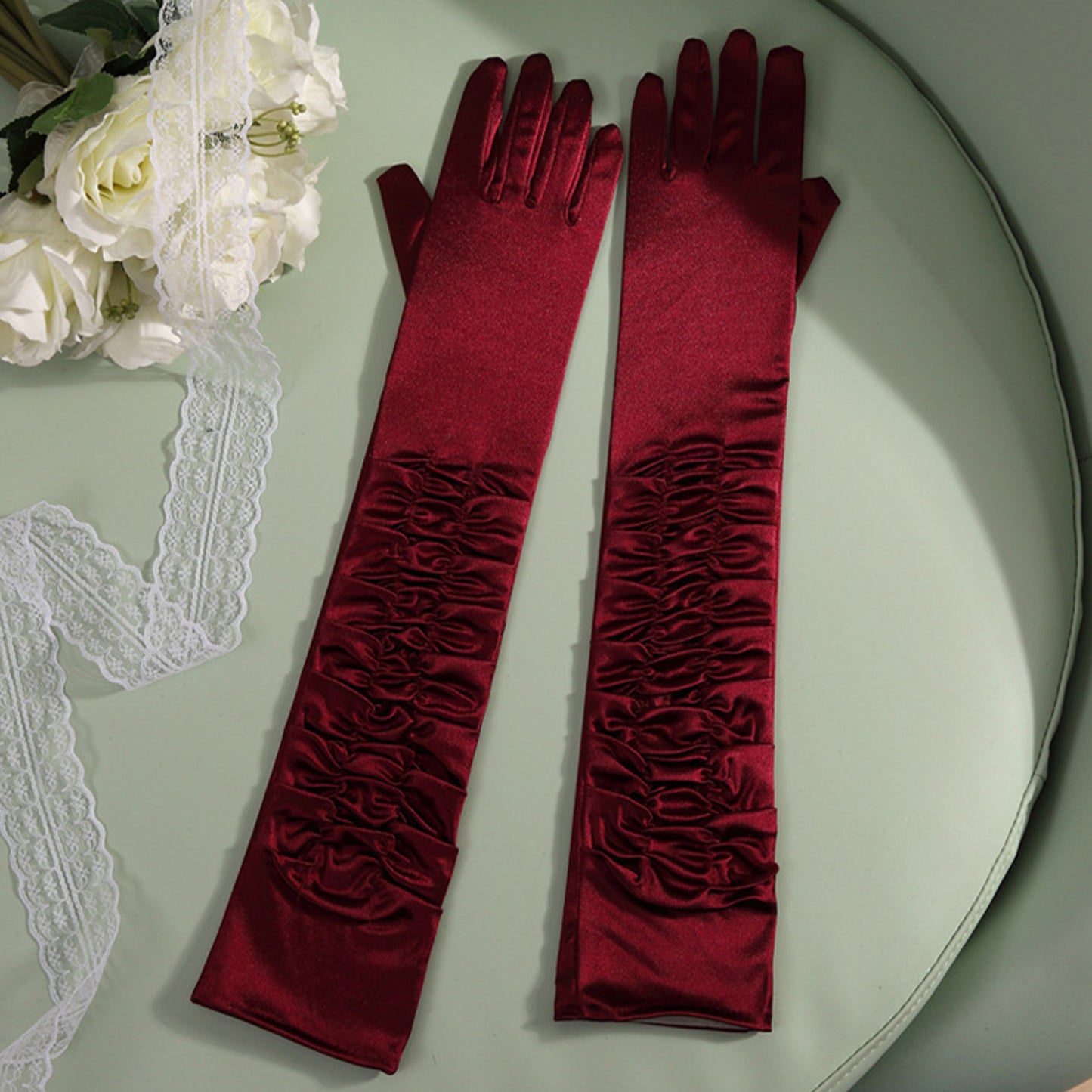 Satin Solid Color Folds Elbow Gloves - Quaworth