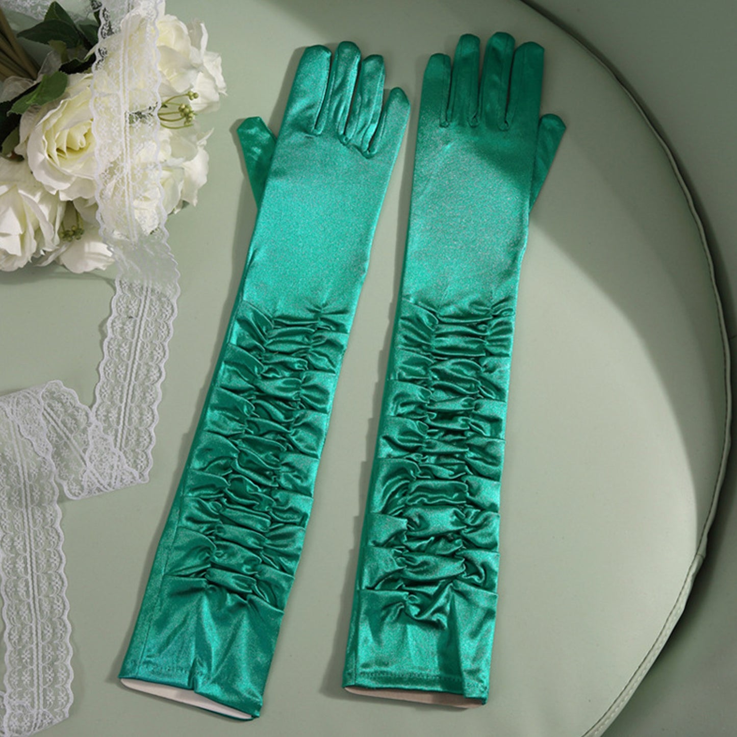 Satin Solid Color Folds Elbow Gloves - Quaworth