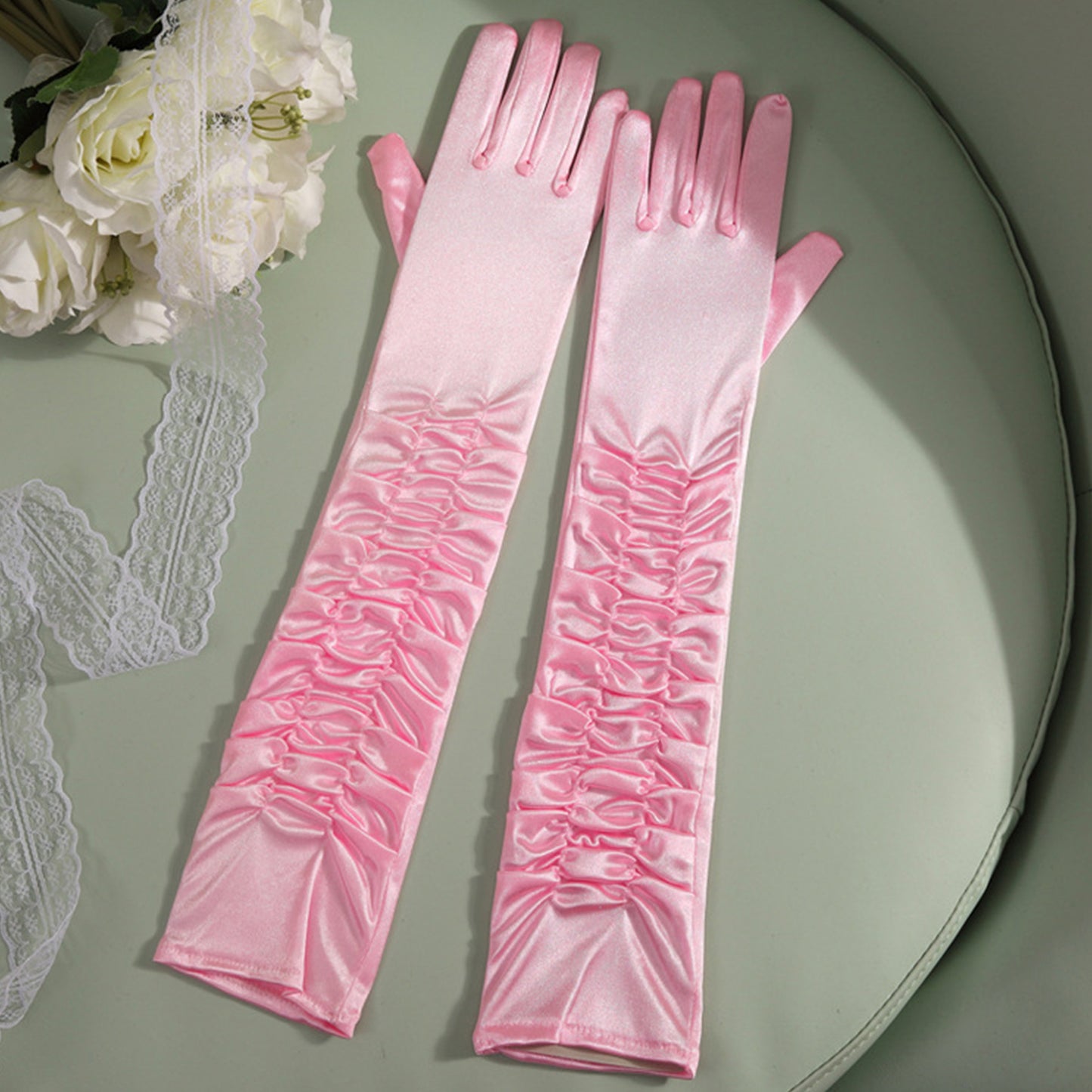 Satin Solid Color Folds Elbow Gloves - Quaworth